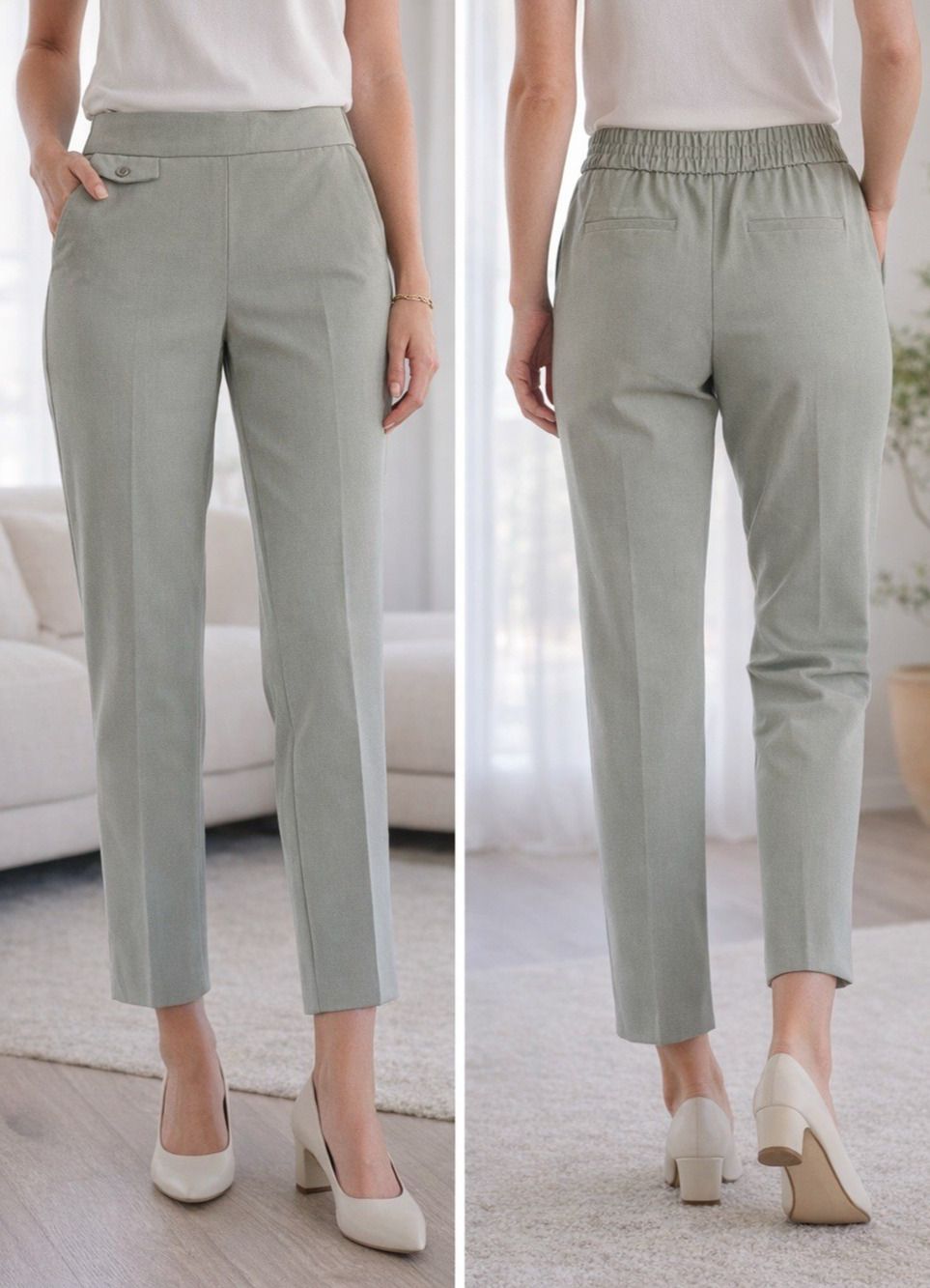 Rachel Zoe Sage Green Slim‎ Ankle Trouser Pants Size 8 Elastic High Waist Career